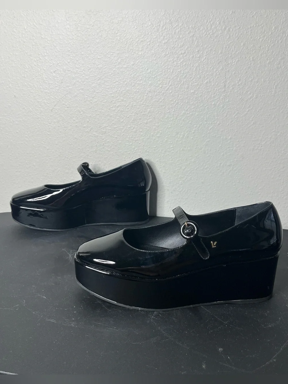 Larroude Blair Flatform Mary Jane’s Platform Wedge in Black Patent Leather